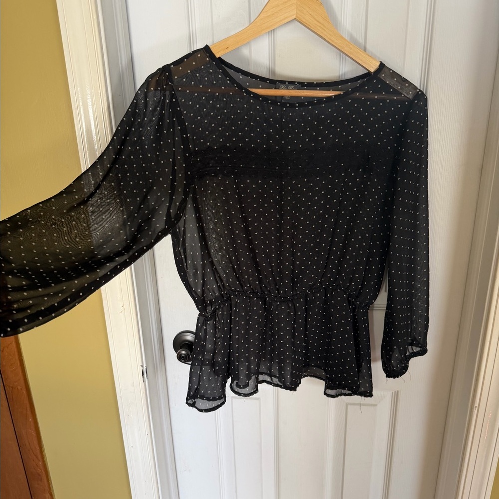 Lily Rose Black Sheer Polka Dot Blouse - Picture 3 of 4